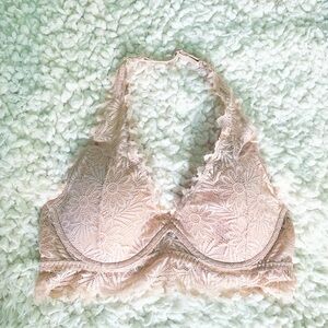PINK Victoria Secret Pink Cream Daisy Floral Lace Halter Push Up Bralette Bra M